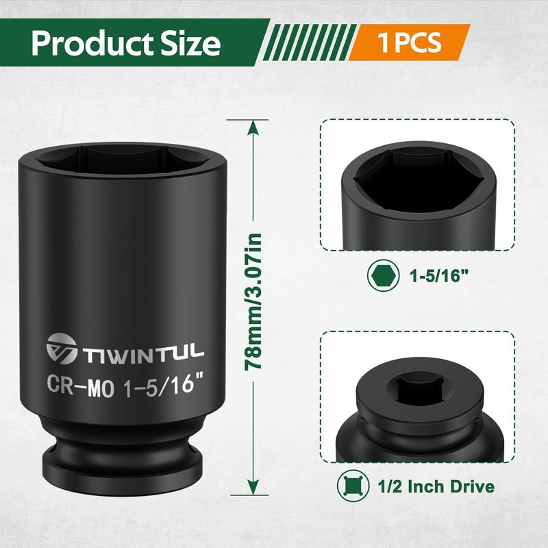 TIWINTUL 1-5/16" Impact Socket 1/2 Inch Drive, Deep CR-MO Steel Impact Socket, 3.07" Length, 6 Point Design, SAE Size, Axle Nut Socket for Easy Removal of Axle Shaft Nuts - Image 2